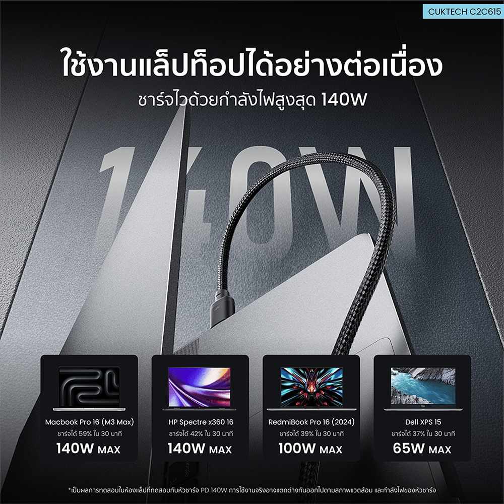 สายชาร์จเร็ว AI CUKTECH C2C615 สีดำ 6A 140W สายชาร์จ เทคโนโลยีชาร์จเร็ว PD 3.2 (AVS) PPS UFCS 1/2 พอร์ต USB C