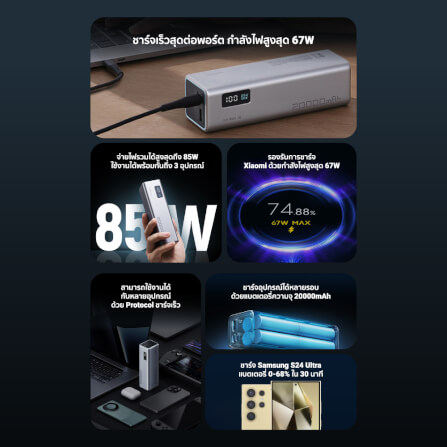 แบตเตอรี่สำรอง CUKTECH PB200 20000 MAH CCC สีเทา จ่ายไฟรวมสูงสุด 85W_2