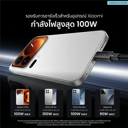 สายชาร์จเร็ว AI CUKTECH C2C615 สีดำ 6A 140W สายชาร์จ เทคโนโลยีชาร์จเร็ว PD 3.2 (AVS) PPS UFCS 1/2 พอร์ต USB C_5