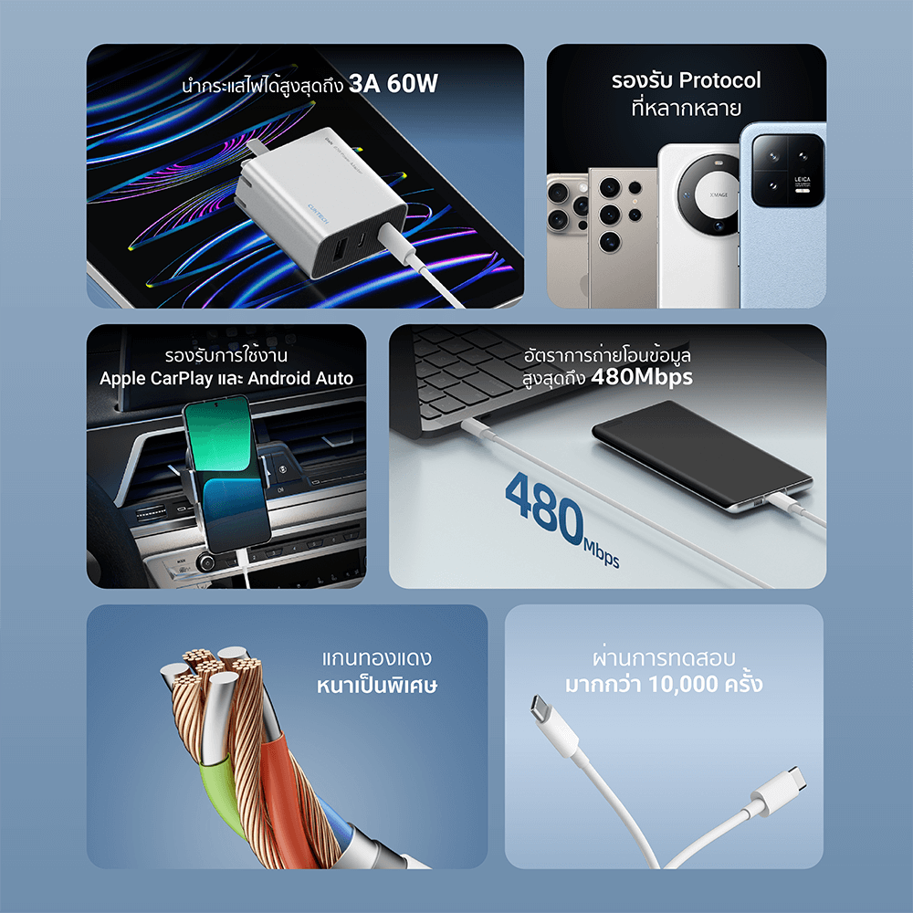 สายชาร์จเร็ว CUKTECH รุ่น CTC310N  USB-C to USB-C 60W 3A สีขาว (รองรับชาร์จเร็ว PD,QC)
