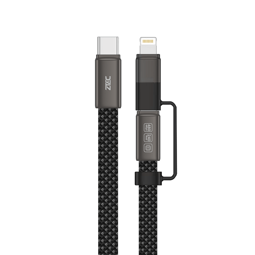 สายชาร์จไนลอนถัก ZTEC ZM221 2 IN 1 สีดำ รองรับชาร์จเร็ว 5A 240W USB-C TO USB-C & LIGHTNING ความยาว 1.2 เมตร