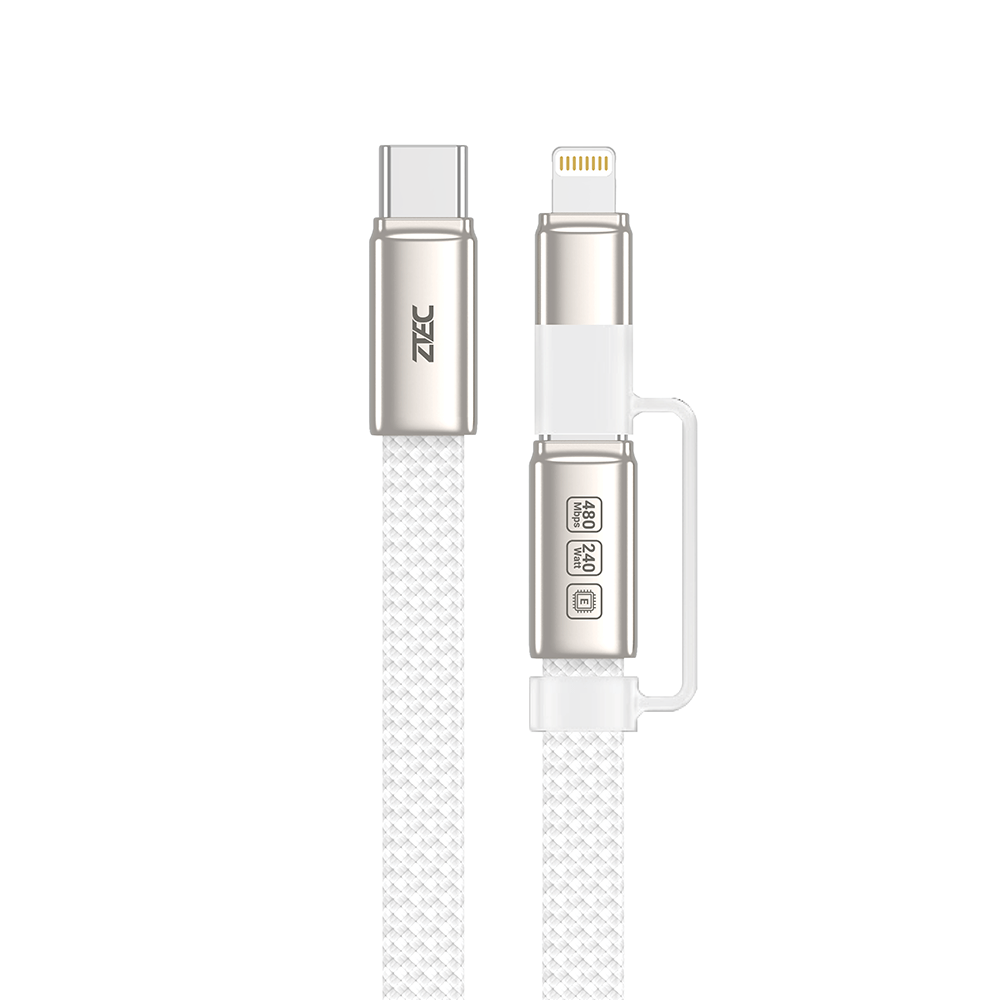 สายชาร์จไนลอนถัก ZTEC ZM221 2 IN 1 สีขาว รองรับชาร์จเร็ว 5A 240W USB-C TO USB-C & LIGHTNING ความยาว 1.2 เมตร