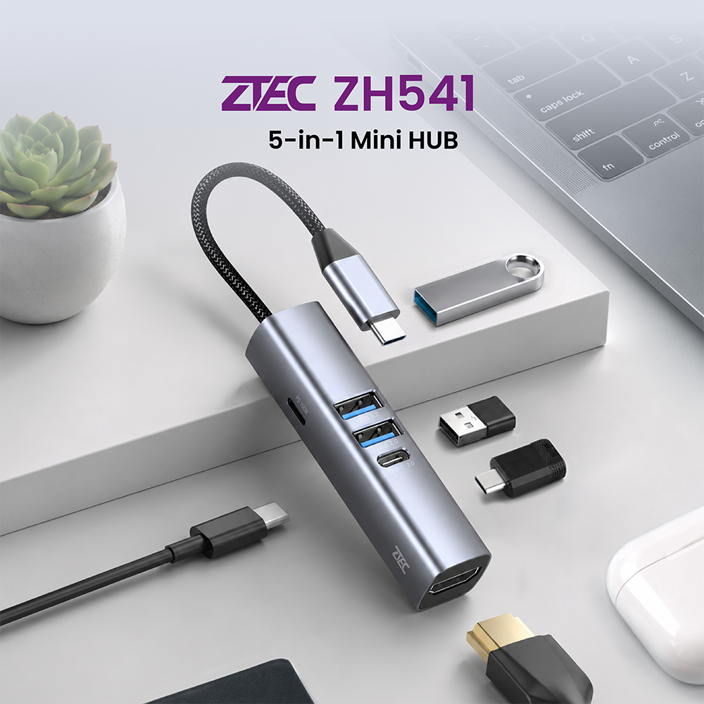 อุปกรณ์เชื่อมต่อ ยูเอสบี-ซี มีเดีย ฮับ ZTEC รุ่น ZH541 5 IN 1 MINI HUB USB-C 100W , HDMI 4K ,USB-A 3.2 GEN 1 5GBPS ขนาดเล็ก พกพาสะดวก