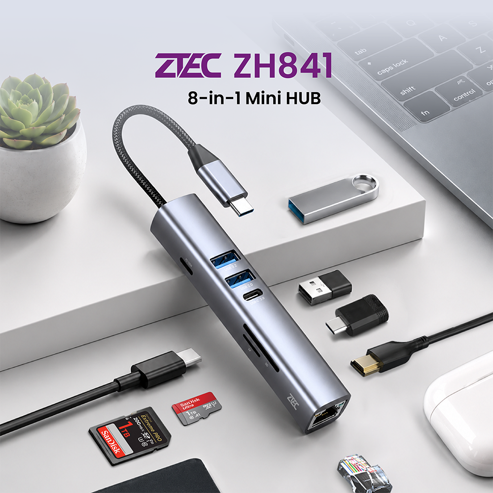 อุปกรณ์เชื่อมต่อ ยูเอสบี-ซี มีเดีย ฮับ ZTEC รุ่น ZH841 8 IN 1 MINI HUB USB-C 100W ,HDMI 4K ,LAN 100MBPS ,USB-A 3.2 GEN 1 ,SD CARD ,MICRO SD