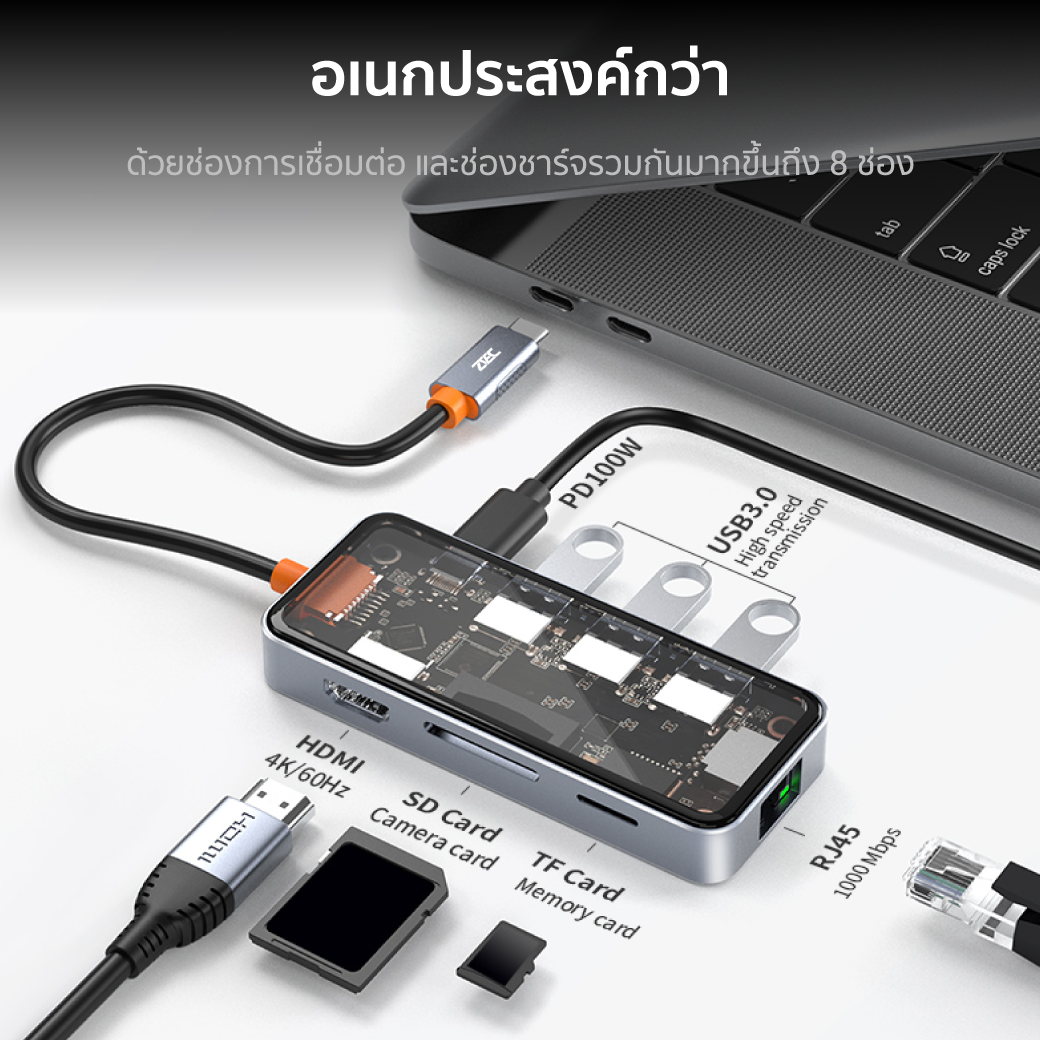 อุปกรณ์เชื่อมต่อ ยูเอสบี-ซี มีเดีย ฮับ ZTEC รุ่น ZH831 8IN1 สีเทา