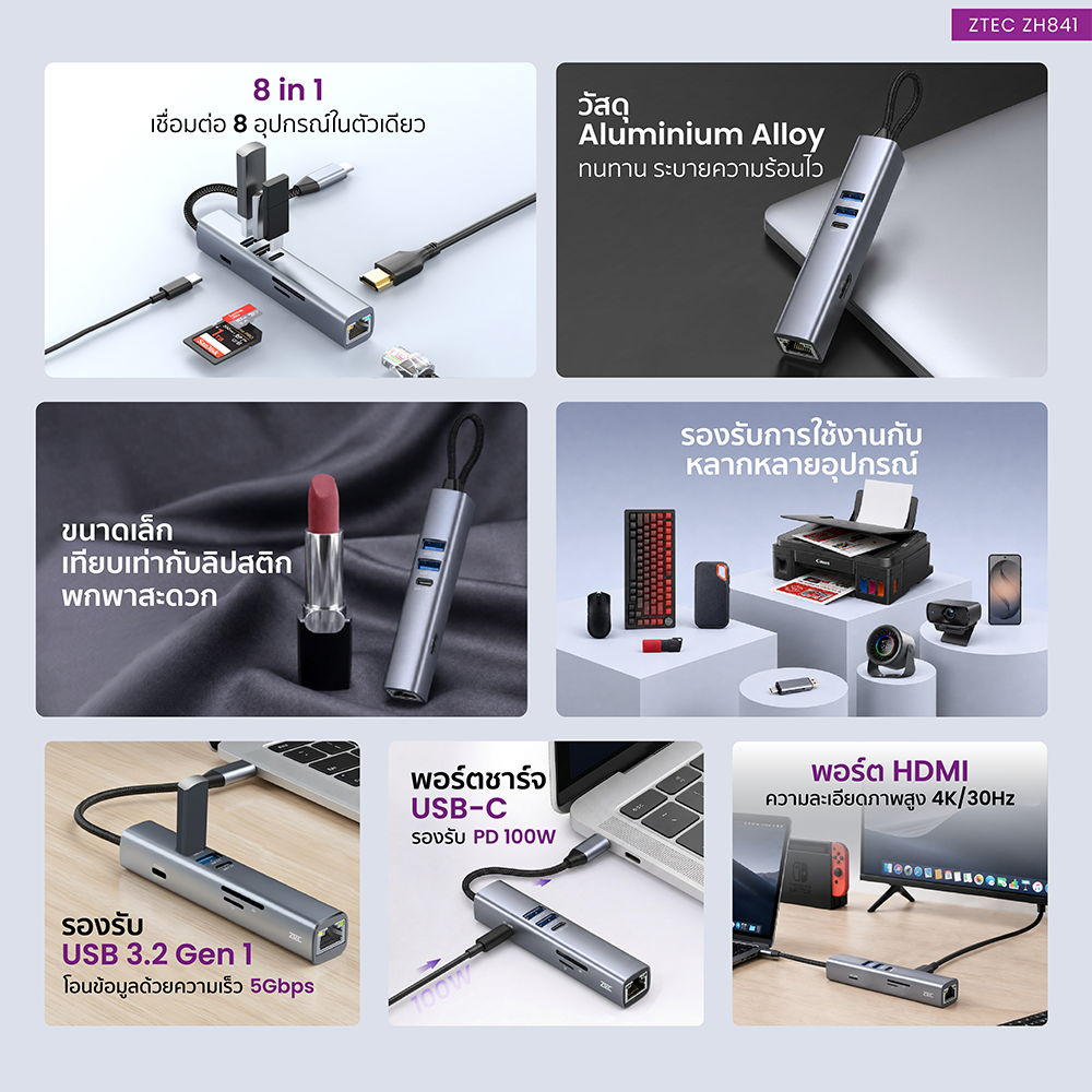 อุปกรณ์เชื่อมต่อ ยูเอสบี-ซี มีเดีย ฮับ ZTEC รุ่น ZH841 8 IN 1 MINI HUB USB-C 100W ,HDMI 4K ,LAN 100MBPS ,USB-A 3.2 GEN 1 ,SD CARD ,MICRO SD