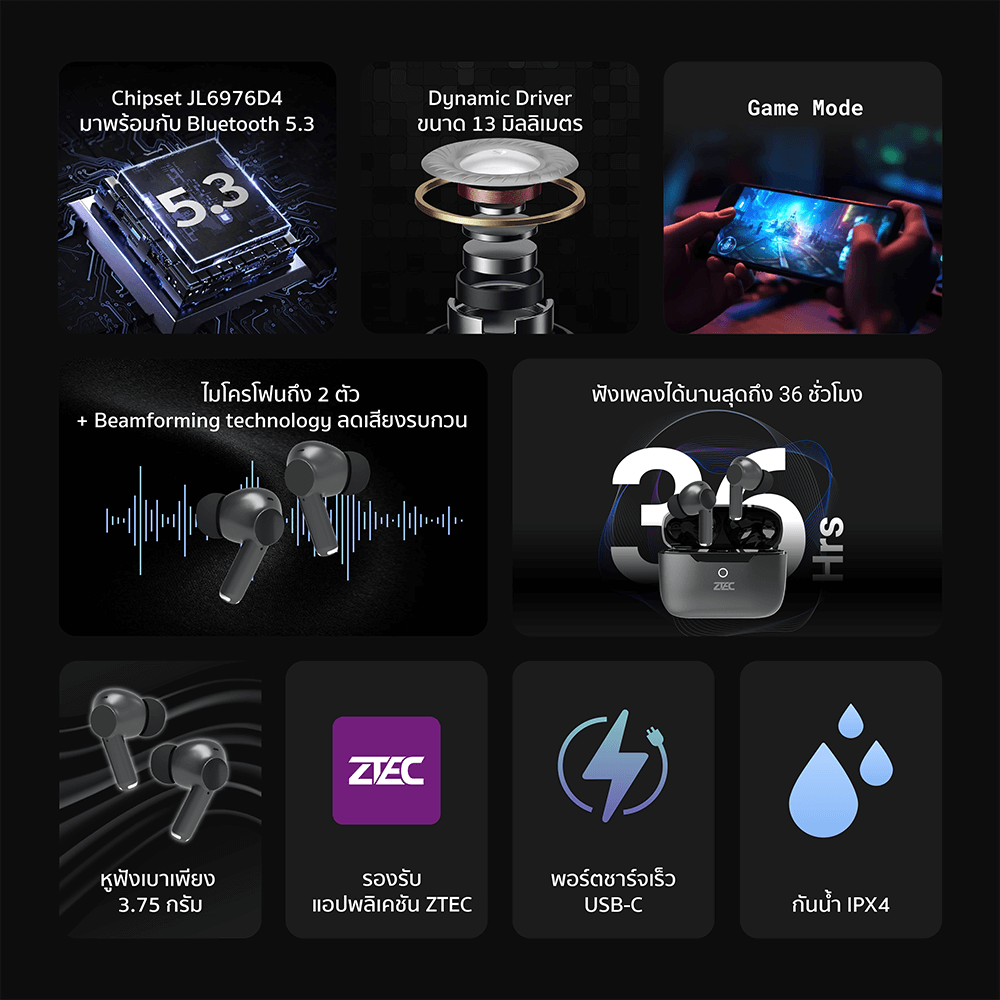 หูฟังไร้สาย ZTEC TUNE BUDS สีดำ เบสแน่น เชื่อมต่อแอพลิเคชั่นได้ แบตอึดใช้งานได้นาน