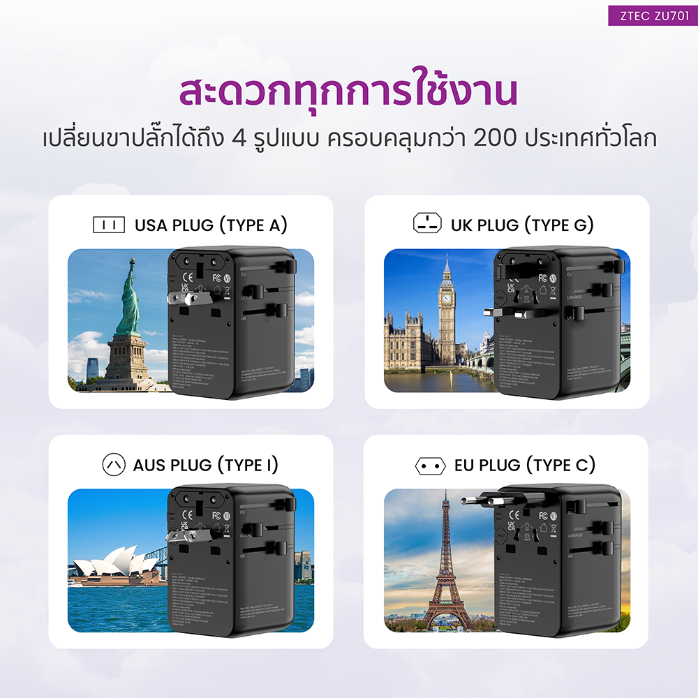 หัวแปลงปลั๊กไฟ ZTEC ZU701 70W TRAVEL ADAPTER