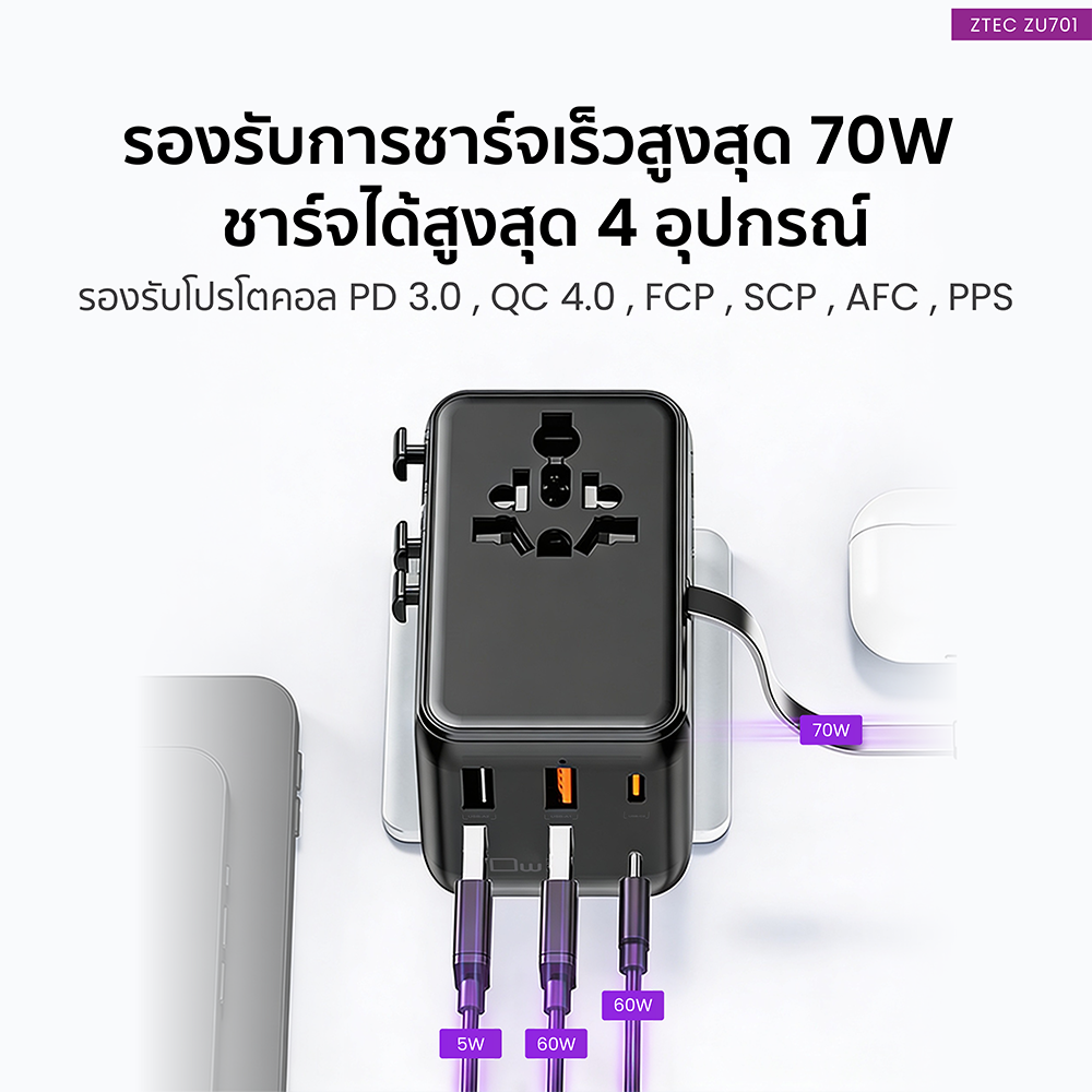 หัวแปลงปลั๊กไฟ ZTEC ZU701 70W TRAVEL ADAPTER