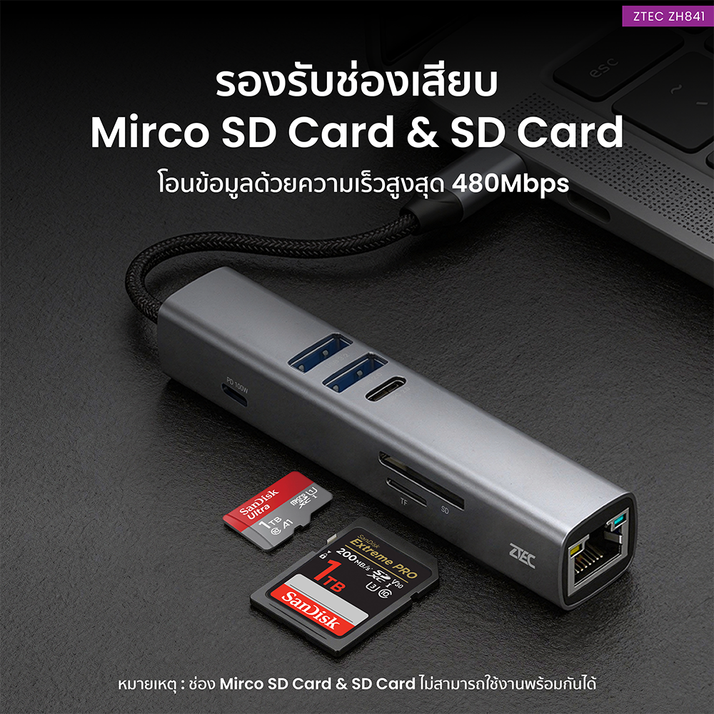 อุปกรณ์เชื่อมต่อ ยูเอสบี-ซี มีเดีย ฮับ ZTEC รุ่น ZH841 8 IN 1 MINI HUB USB-C 100W ,HDMI 4K ,LAN 100MBPS ,USB-A 3.2 GEN 1 ,SD CARD ,MICRO SD