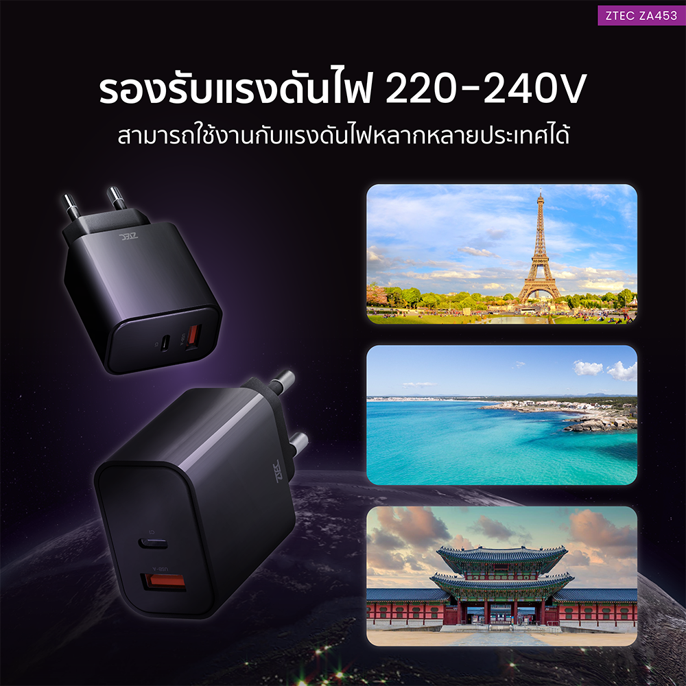 หัวชาร์จเร็ว ZTEC ZA453 GAN 45W  รองรับเทคโนโลยีชาร์จเร็ว PD 3.0 (ขาปลั๊กไทย ปลอดภัย ได้รับมาตรฐาน มอก.)