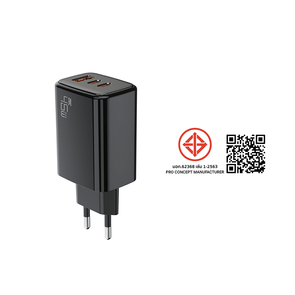 หัวชาร์จ 45W ZTEC ZA452 รองรับเทคโนโลยีชาร์จด่วน PD ขาปลั๊กไทย ได้รับมาตรฐาน มอก.
