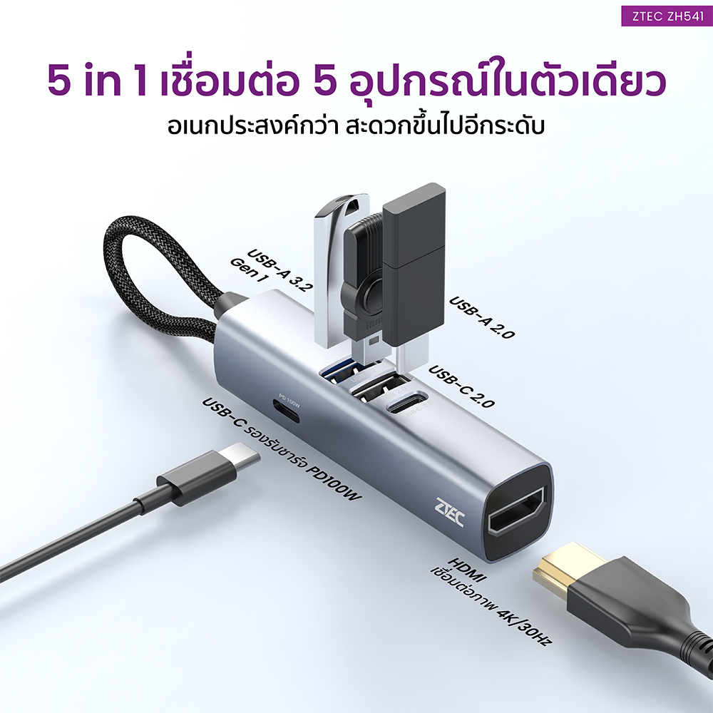 อุปกรณ์เชื่อมต่อ ยูเอสบี-ซี มีเดีย ฮับ ZTEC รุ่น ZH541 5 IN 1 MINI HUB USB-C 100W , HDMI 4K ,USB-A 3.2 GEN 1 5GBPS ขนาดเล็ก พกพาสะดวก_3