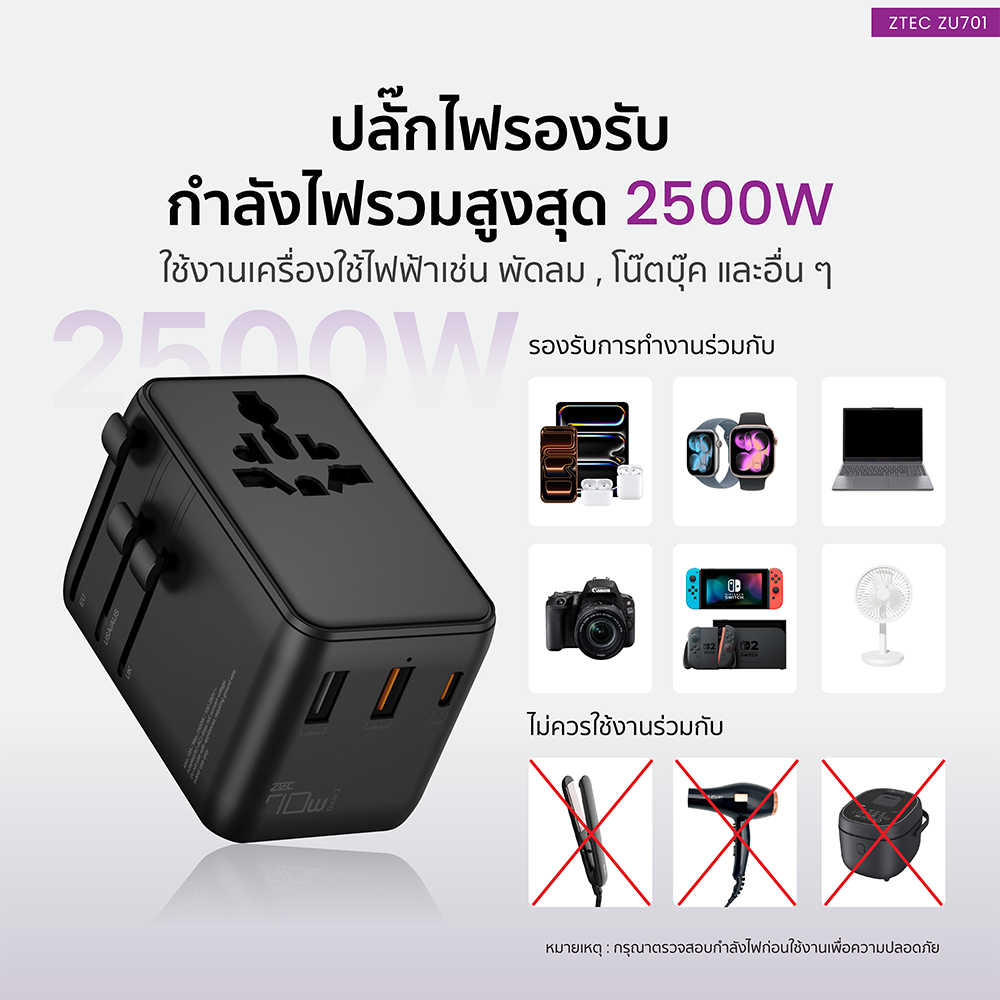 หัวแปลงปลั๊กไฟ ZTEC ZU701 70W TRAVEL ADAPTER_6