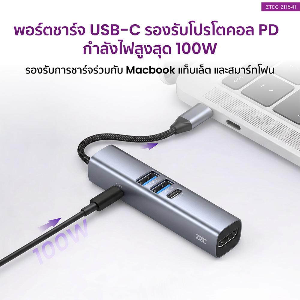 อุปกรณ์เชื่อมต่อ ยูเอสบี-ซี มีเดีย ฮับ ZTEC รุ่น ZH541 5 IN 1 MINI HUB USB-C 100W , HDMI 4K ,USB-A 3.2 GEN 1 5GBPS ขนาดเล็ก พกพาสะดวก_7