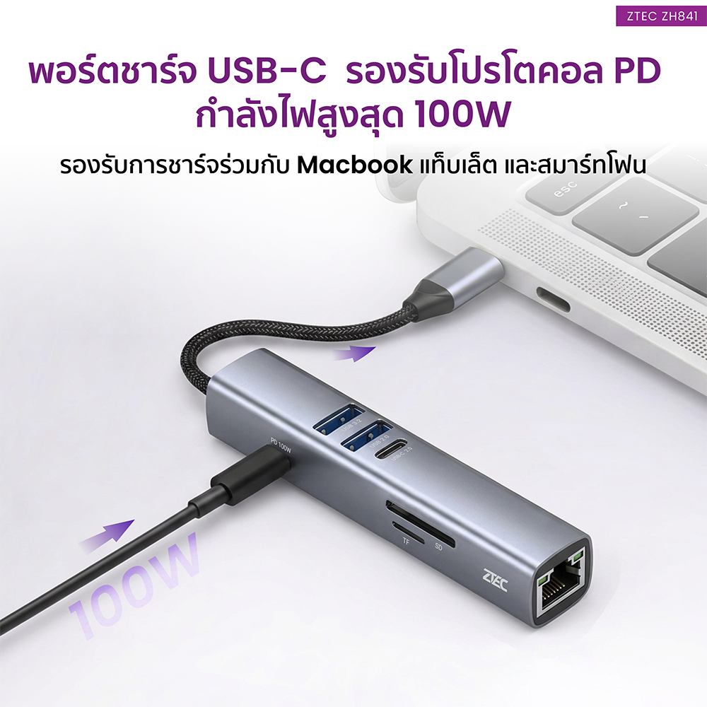 อุปกรณ์เชื่อมต่อ ยูเอสบี-ซี มีเดีย ฮับ ZTEC รุ่น ZH841 8 IN 1 MINI HUB USB-C 100W ,HDMI 4K ,LAN 100MBPS ,USB-A 3.2 GEN 1 ,SD CARD ,MICRO SD_7