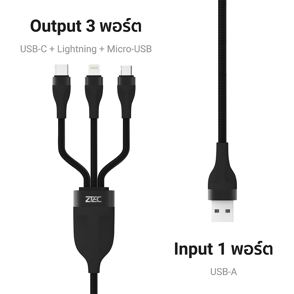 สายชาร์จ ZTEC รุ่น ZM411 USB-C,Micro-USB-,Lightning ยาว 1 เมตร สีดำ (3 พอร์ต,รองรับชาร์จเร็ว)_3