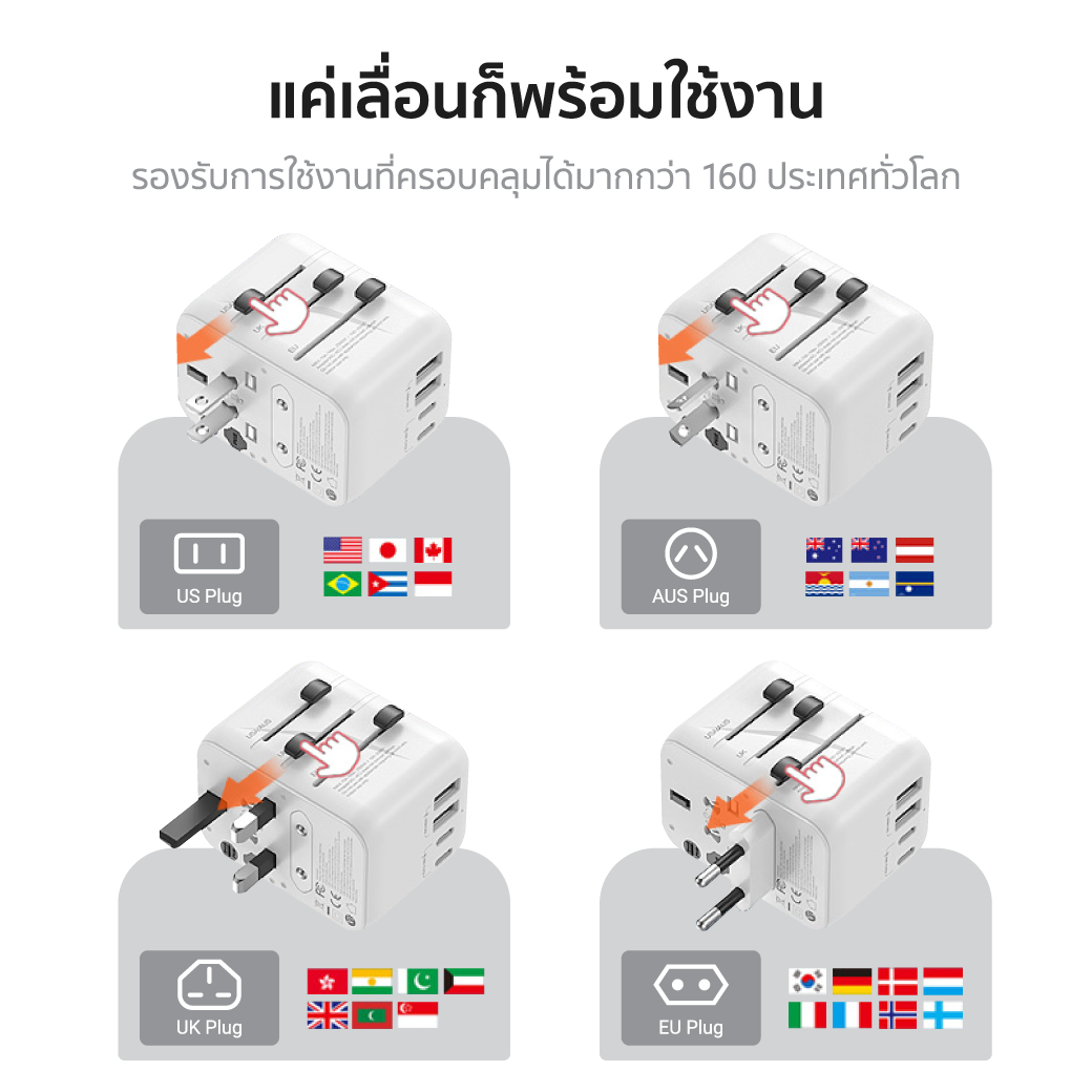 หัวแปลงปลั๊กไฟ พร้อมพอร์ตชาร์จในตัว ZTEC Travel Charger 30W สีขาว (รองรับกระแสไฟ 160 ประเทศทั่วโลก)_3