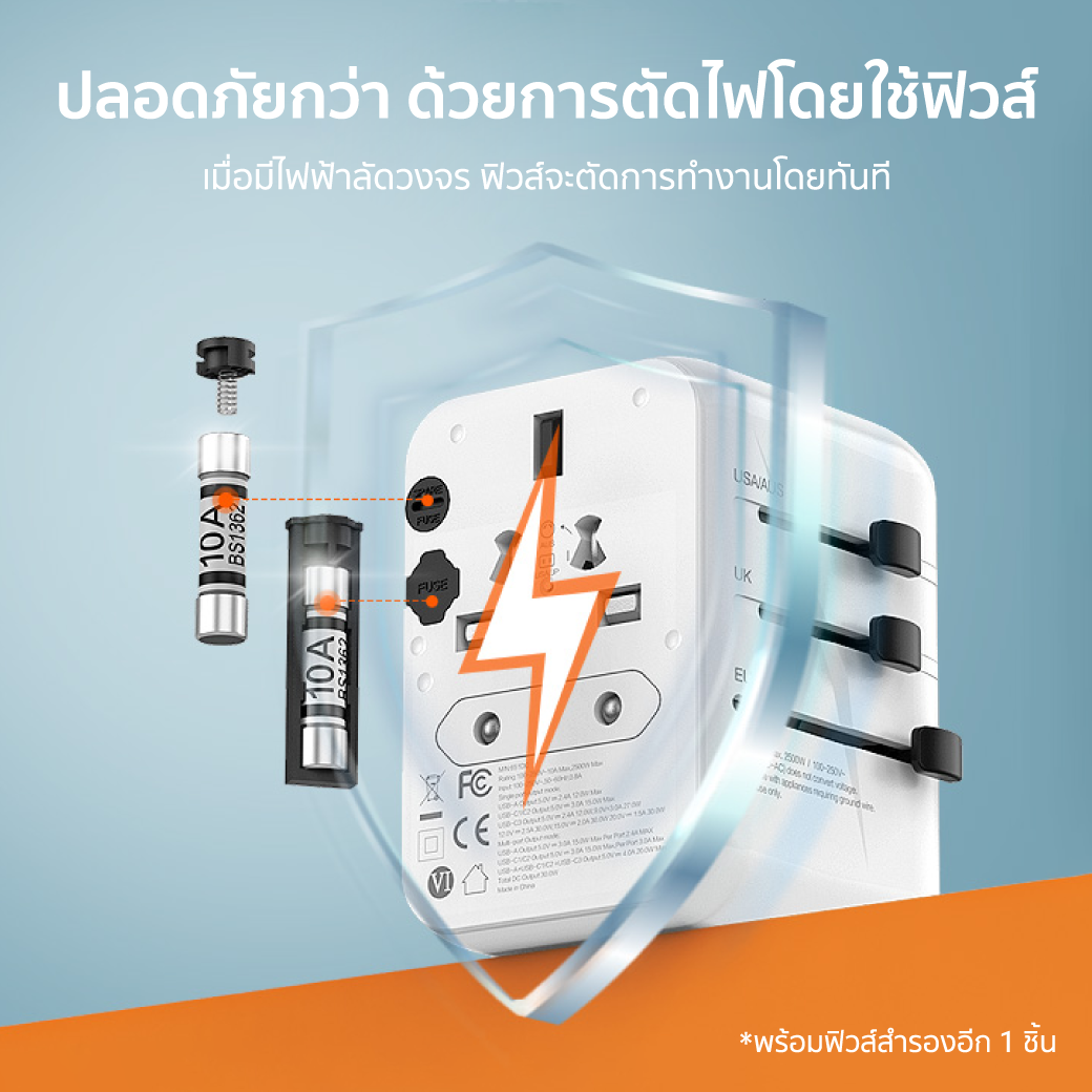 หัวแปลงปลั๊กไฟ พร้อมพอร์ตชาร์จในตัว ZTEC Travel Charger 65W สีขาว รองรับกระแสไฟ 160 ประเทศทั่วโลก_8