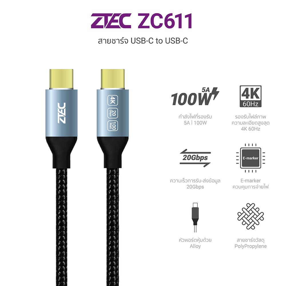 สายชาร์จ ZTEC รุ่น ZC611 100W USB-C to USB-C 1 เมตร สีเทา (รองรับชาร์จเร็วและรองรับการเชื่อมต่อภาพ 4K)
