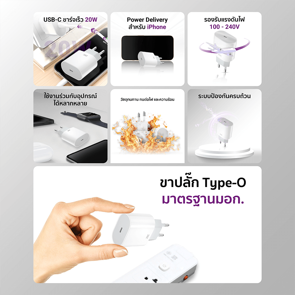 หัวชาร์จเร็ว ZTEC ZA201 20W รองรับเทคโนโลยีชาร์จด่วน PD (ขาปลั๊กไทย ปลอดภัย ได้รับมาตรฐาน มอก.)