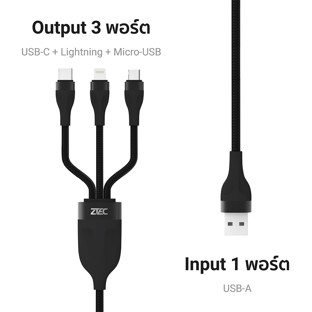 สายชาร์จ ZTEC รุ่น ZM411 USB-C,Micro-USB-,Lightning ยาว 1 เมตร สีดำ (3 พอร์ต,รองรับชาร์จเร็ว)