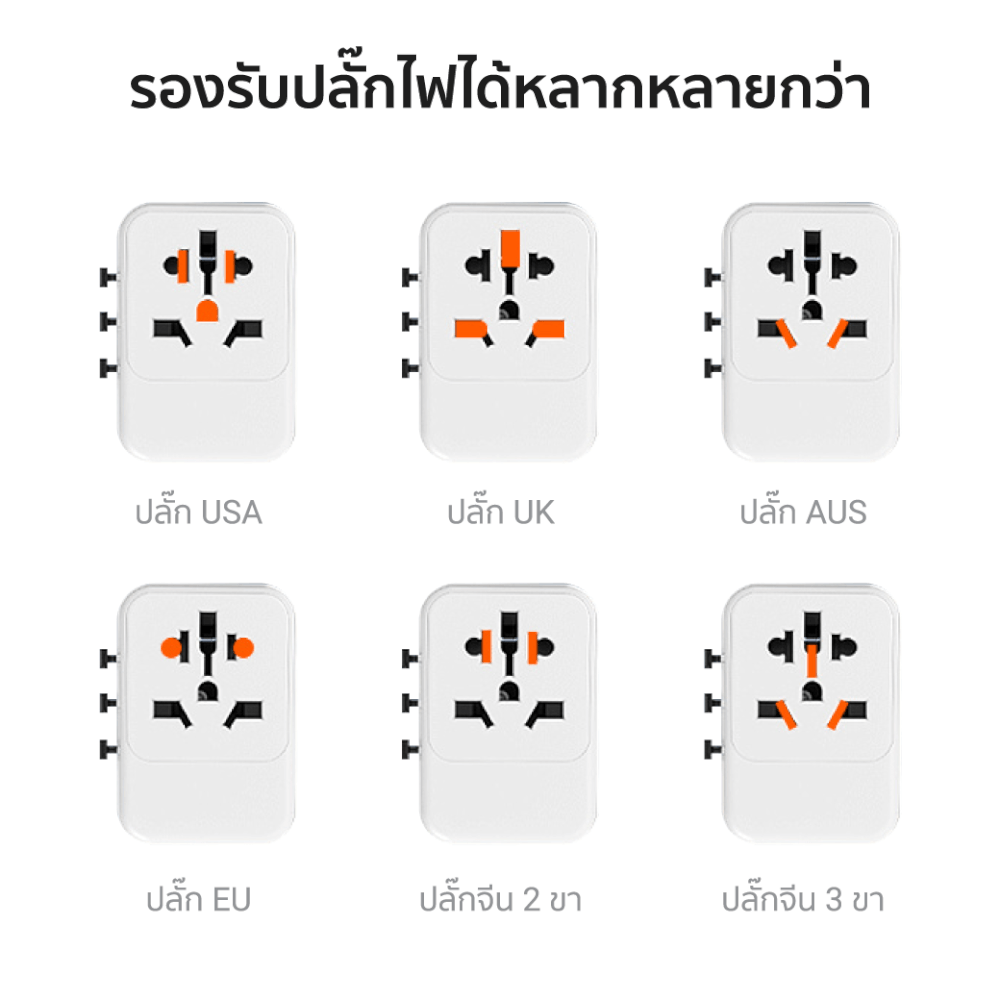 หัวแปลงปลั๊กไฟ พร้อมพอร์ตชาร์จในตัว ZTEC Travel Charger 65W สีขาว (รองรับกระแสไฟ 160 ประเทศทั่วโลก)