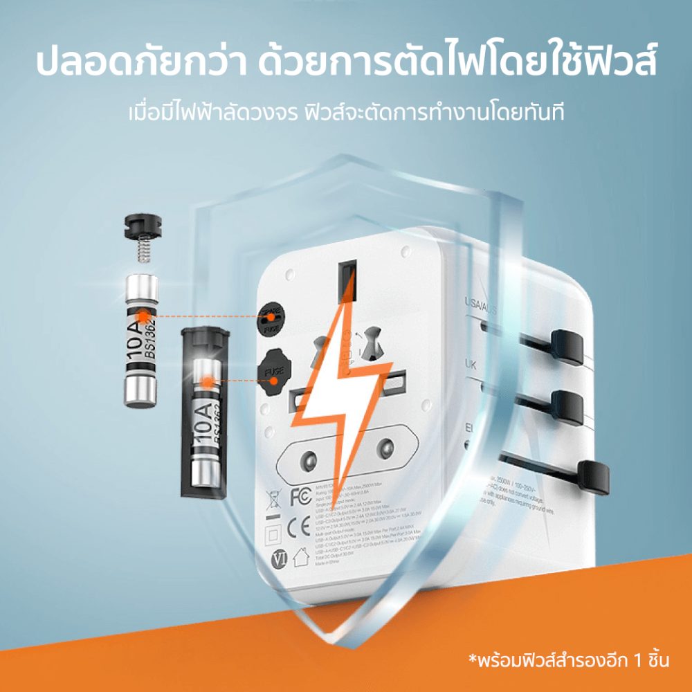 หัวแปลงปลั๊กไฟ พร้อมพอร์ตชาร์จในตัว ZTEC Travel Charger 65W สีขาว (รองรับกระแสไฟ 160 ประเทศทั่วโลก)