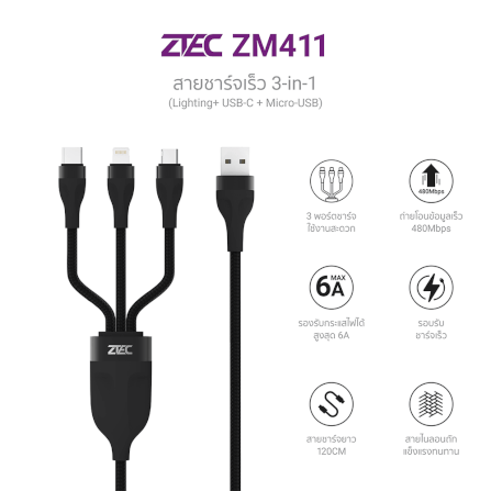 สายชาร์จ ZTEC รุ่น ZM411 USB-C,Micro-USB-,Lightning ยาว 1 เมตร สีดำ (3 พอร์ต,รองรับชาร์จเร็ว)_2
