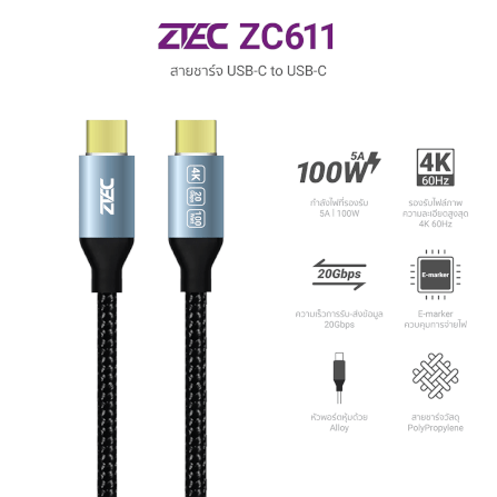 สายชาร์จ ZTEC รุ่น ZC611 100W USB-C to USB-C 1 เมตร สีเทา (รองรับชาร์จเร็วและรองรับการเชื่อมต่อภาพ 4K)_2