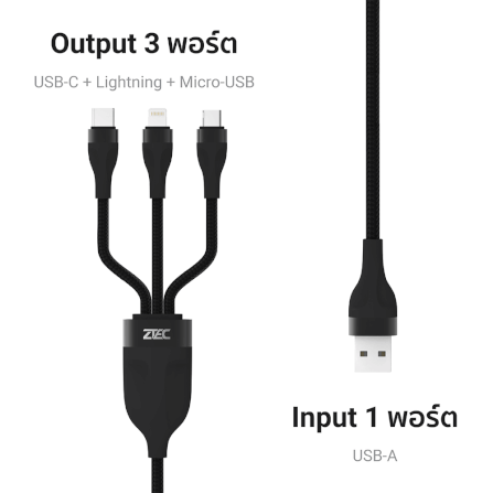สายชาร์จ ZTEC รุ่น ZM411 USB-C,Micro-USB-,Lightning ยาว 1 เมตร สีดำ (3 พอร์ต,รองรับชาร์จเร็ว)_3