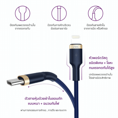 สายชาร์จเร็วไนลอนถัก ZTEC รุ่น ZL412 USB-C to Lightning ยาว 2 เมตร สีน้ำเงิน (รองรับเทคโนโลยี PD)_4