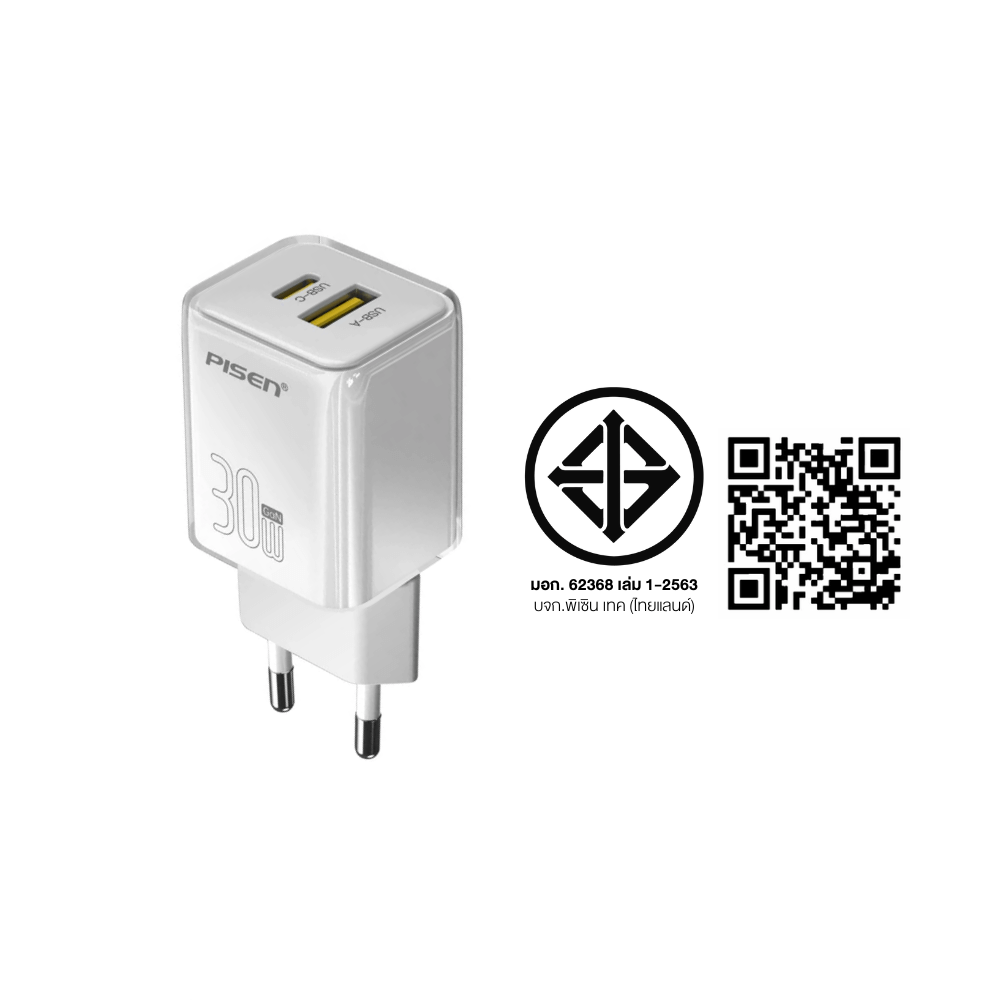 หัวชาร์จขากลม Pisen TP-C52-WHT ชาร์จด่วน 30 วัตต์ แบบพอร์ตคู่ (USB-A และ USB-C) สีขาว