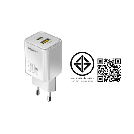 หัวชาร์จขากลม Pisen TP-C52-WHT ชาร์จด่วน 30 วัตต์ แบบพอร์ตคู่ (USB-A และ USB-C) สีขาว_2