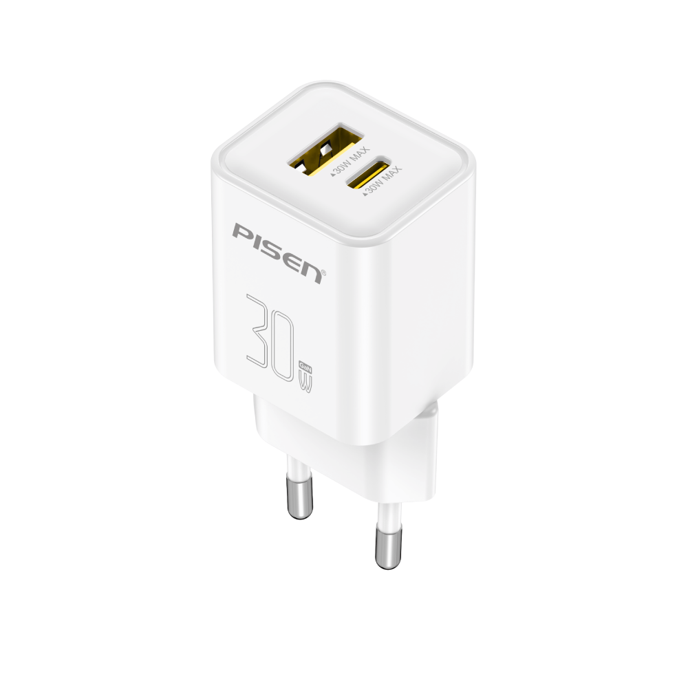 หัวชาร์จขากลม Pisen TP-C52-WHT ชาร์จด่วน 30 วัตต์ แบบพอร์ตคู่ (USB-A และ USB-C) สีขาว