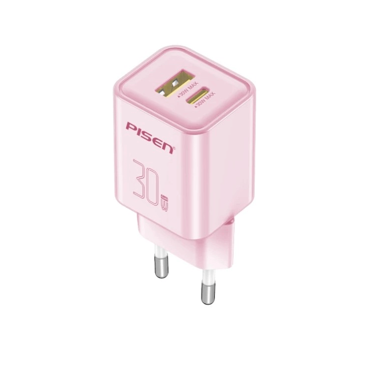 หัวชาร์จขากลม Pisen TP-C52-PNK ชาร์จด่วน 30 วัตต์ แบบพอร์ตคู่ (USB-A และ USB-C) สีชมพู