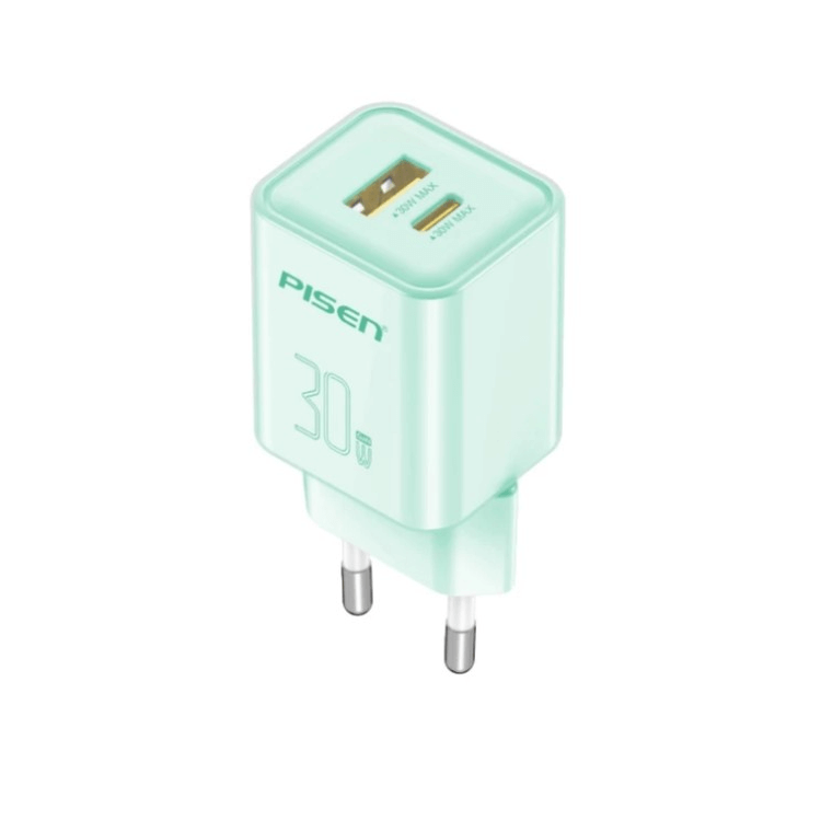 หัวชาร์จขากลม Pisen TP-C52-GRN ชาร์จด่วน 30 วัตต์ แบบพอร์ตคู่ (USB-A และ USB-C) สีเขียว