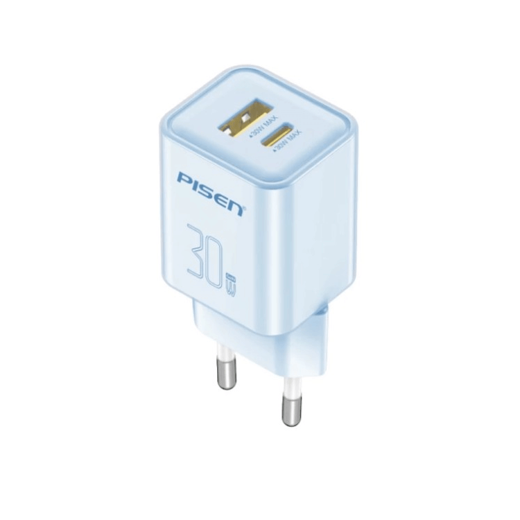 หัวชาร์จขากลม Pisen TP-C52-BLU ชาร์จด่วน 30 วัตต์ แบบพอร์ตคู่ (USB-A และ USB-C) สีฟ้า