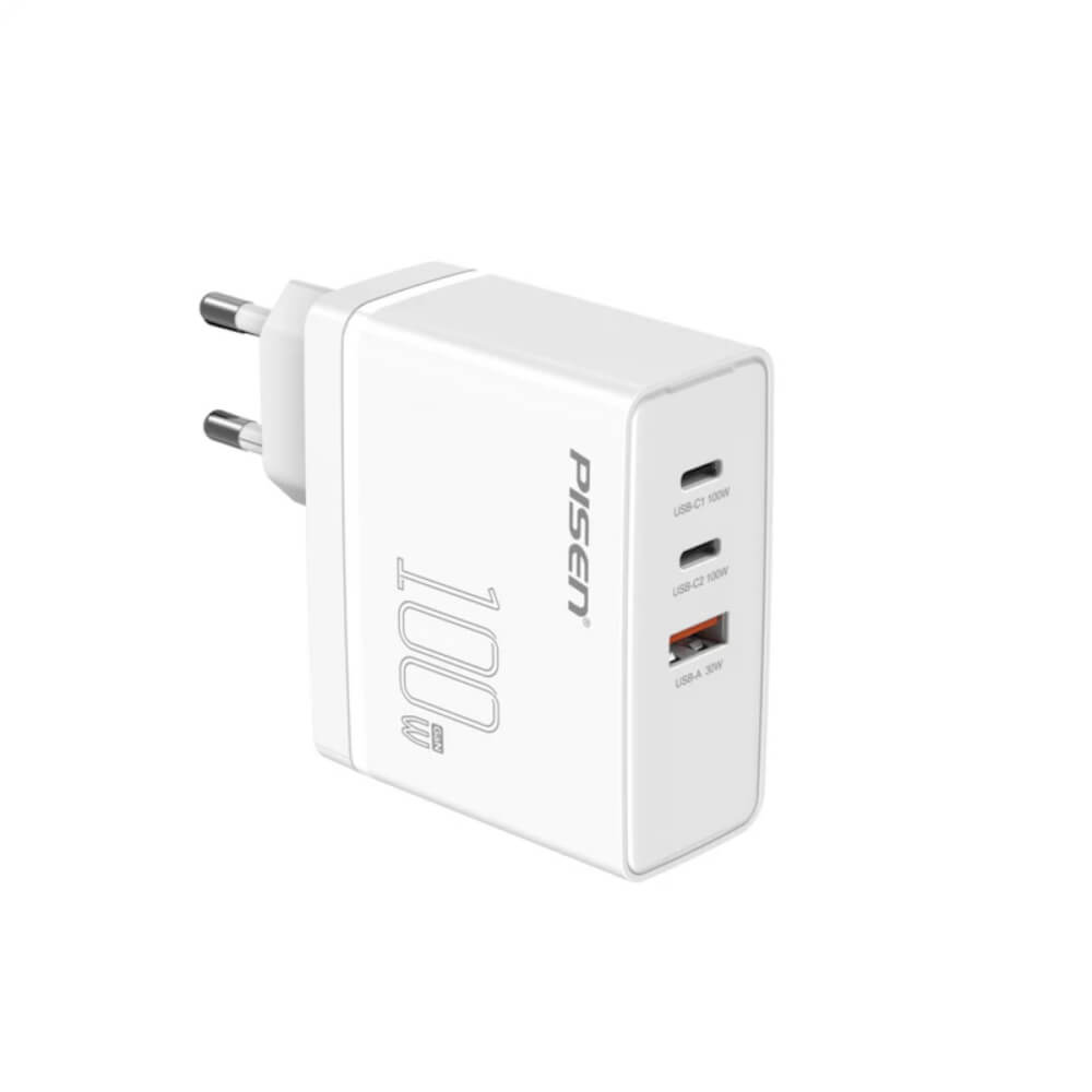 หัวชาร์จขากลม Pisen TP-C46-WHT ชาร์จเร็ว GaN 100W (USB-C และ USB-A) สีขาว