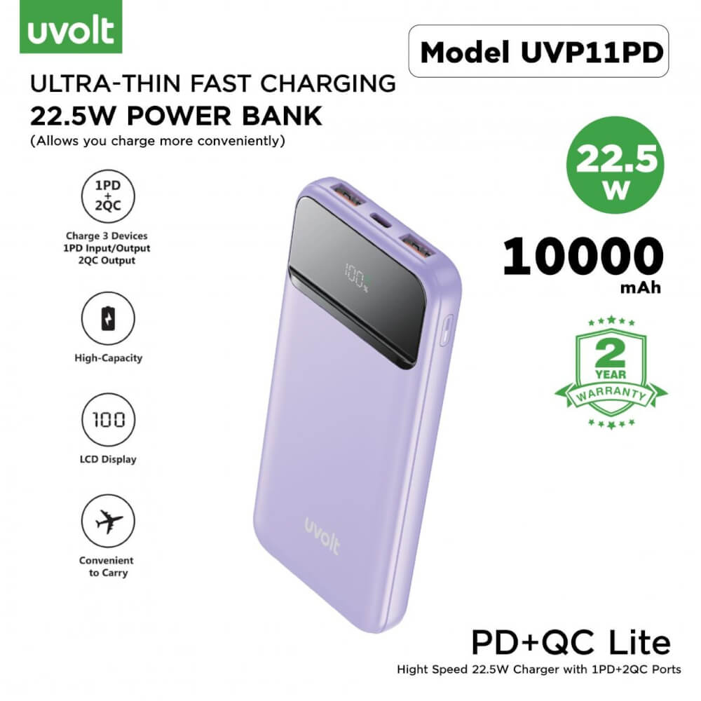 แบตเตอรี่สำรอง 3C Uvolt UVP11PD-PUR 10,000 MAH สีม่วง (2xUSB QC + 1C PD 22.5W)