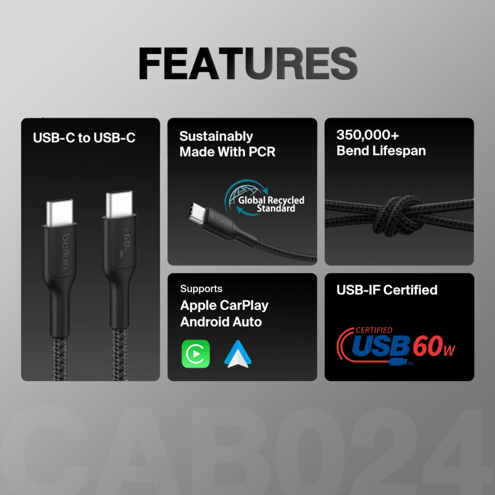 สายชาร์จเร็ว USB-C BELKIN CAB024 ชาร์จเร็ว 60 วัตต์ สายถักไนล่อน ยาว 1 เมตร สีขาว