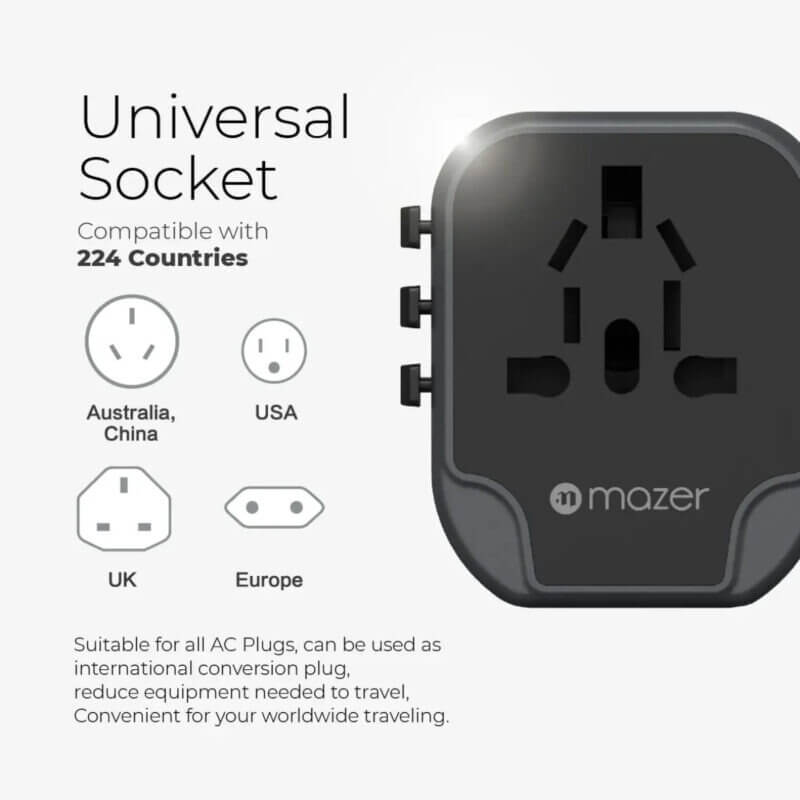หัวแปลงปลั๊กไฟ MAZER M-IFTRAVEL120-GY รองรับไฟสูงสุด 1840 วัตต์