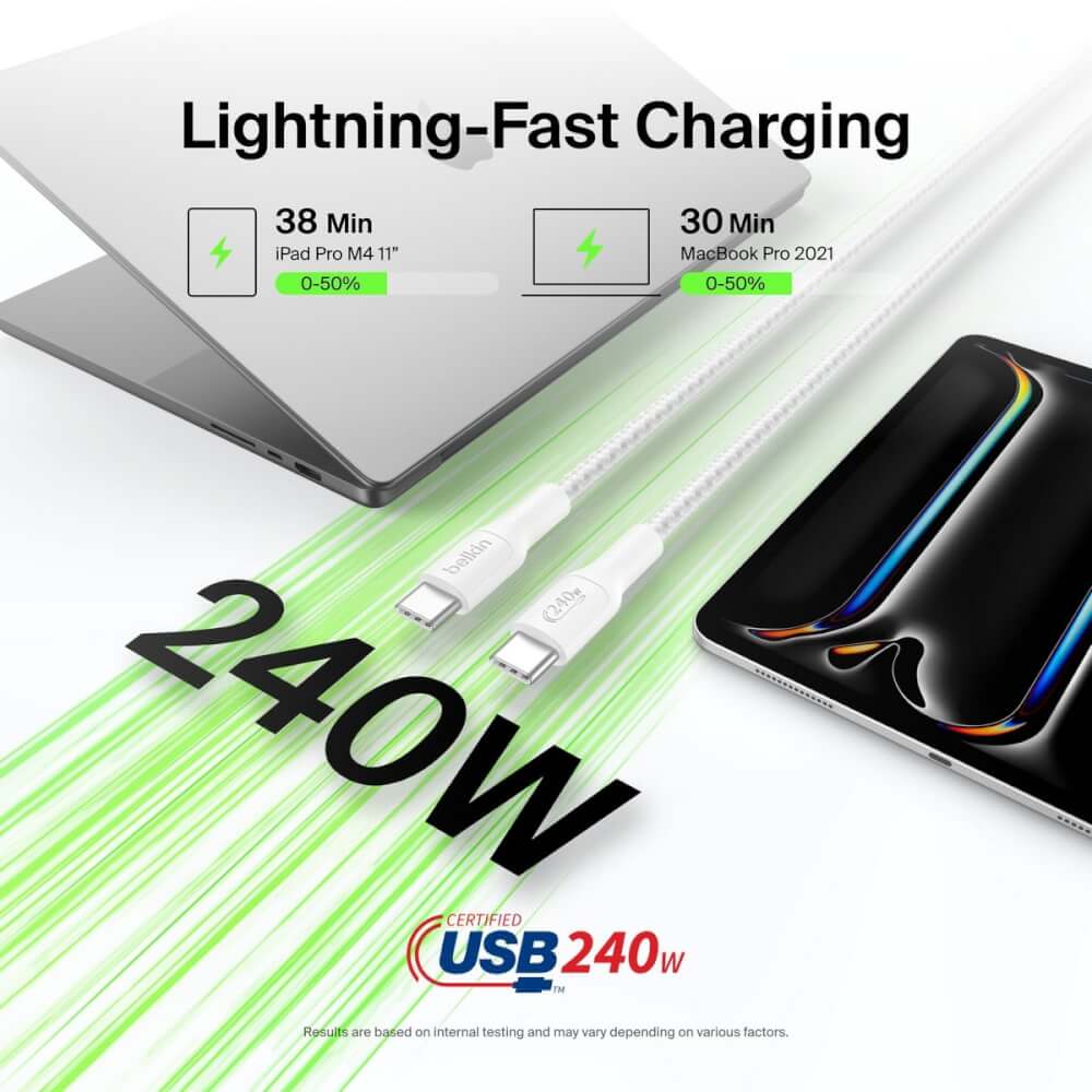 สายชาร์จ BELKIN CAB025 USB-C TO USB-C (TYPE C) 240 วัตต์ 1 เมตร สีขาว