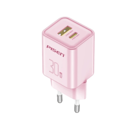 หัวชาร์จขากลม Pisen TP-C52-PNK ชาร์จด่วน 30 วัตต์ แบบพอร์ตคู่ (USB-A และ USB-C) สีชมพู
