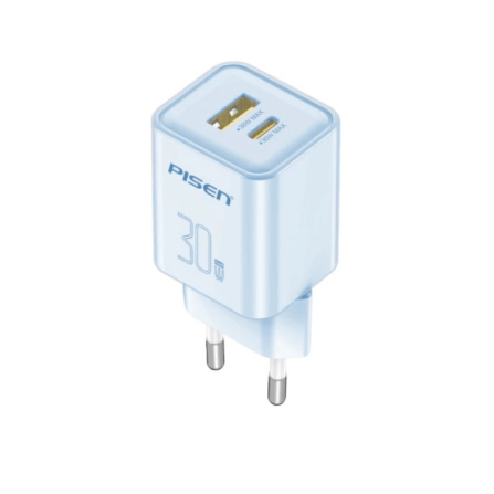 หัวชาร์จขากลม Pisen TP-C52-BLU ชาร์จด่วน 30 วัตต์ แบบพอร์ตคู่ (USB-A และ USB-C) สีฟ้า