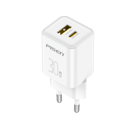 หัวชาร์จขากลม Pisen TP-C52-WHT ชาร์จด่วน 30 วัตต์ แบบพอร์ตคู่ (USB-A และ USB-C) สีขาว_1