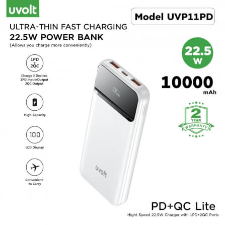 แบตเตอรี่สำรอง 3C Uvolt UVP11PD-WHT 10,000 MAH สีขาว (2xUSB QC + 1C PD 22.5W)_1