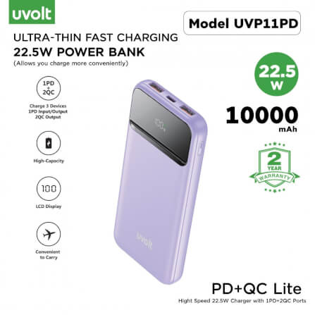 แบตเตอรี่สำรอง 3C Uvolt UVP11PD-PUR 10,000 MAH สีม่วง (2xUSB QC + 1C PD 22.5W)_1