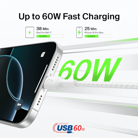 สายชาร์จเร็ว USB-C BELKIN CAB024 ชาร์จเร็ว 60 วัตต์ สายถักไนล่อน ยาว 1 เมตร สีขาว_2