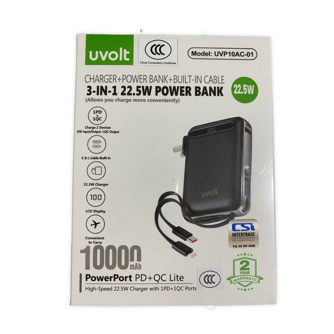 แบตเตอรี่สำรอง UVOLT UVP10AC-01-BLK (3C) 3IN1 10,000 MAH สีดำ รองรับ FAST CHARGE,PD 22W (มีสายในตัว)_3
